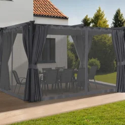 Pergola avec moustiquaire intégrée, toit rétractable et 4 rideaux gris 3x4 m