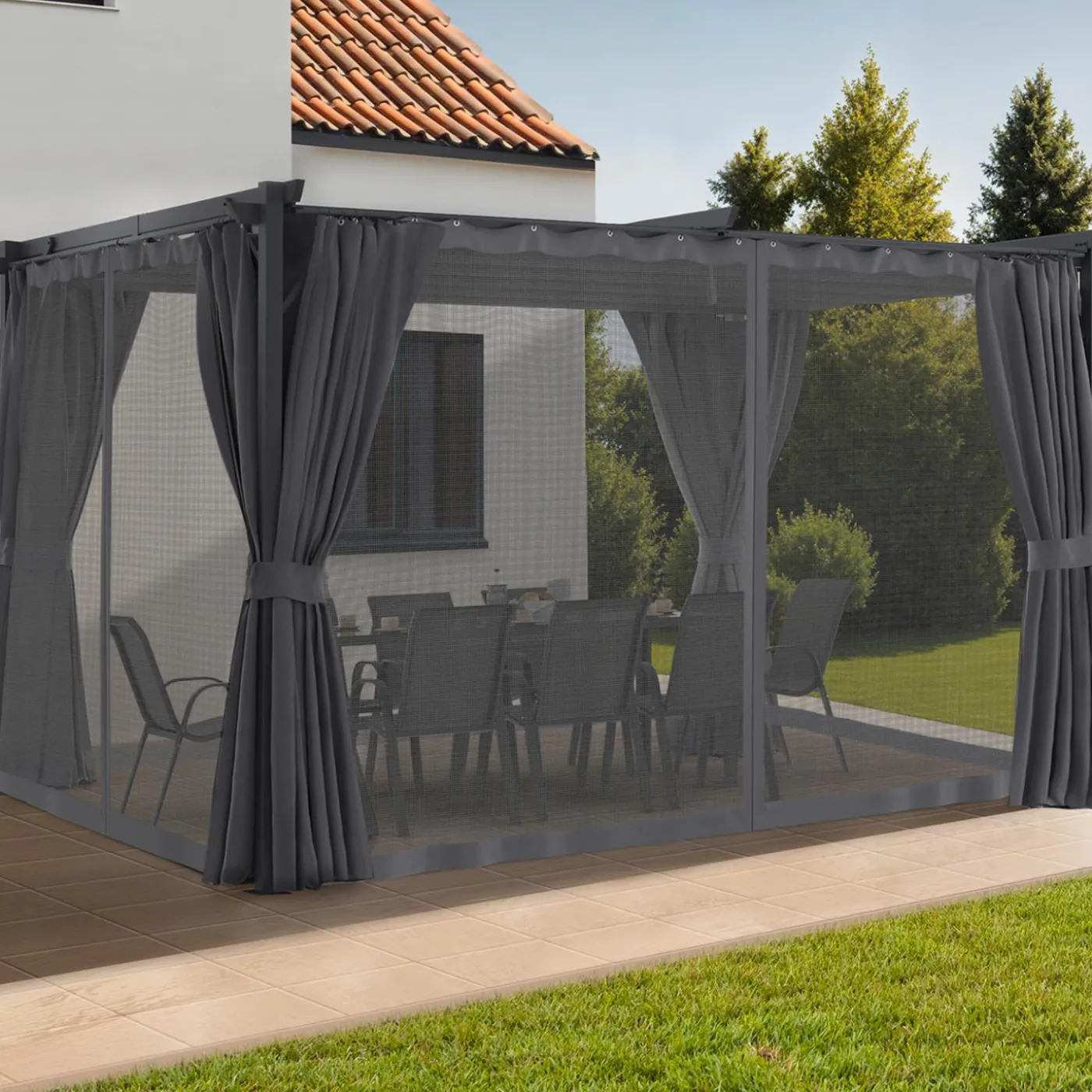 Pergola avec moustiquaire intégrée, toit rétractable et 4 rideaux gris 3x4 m