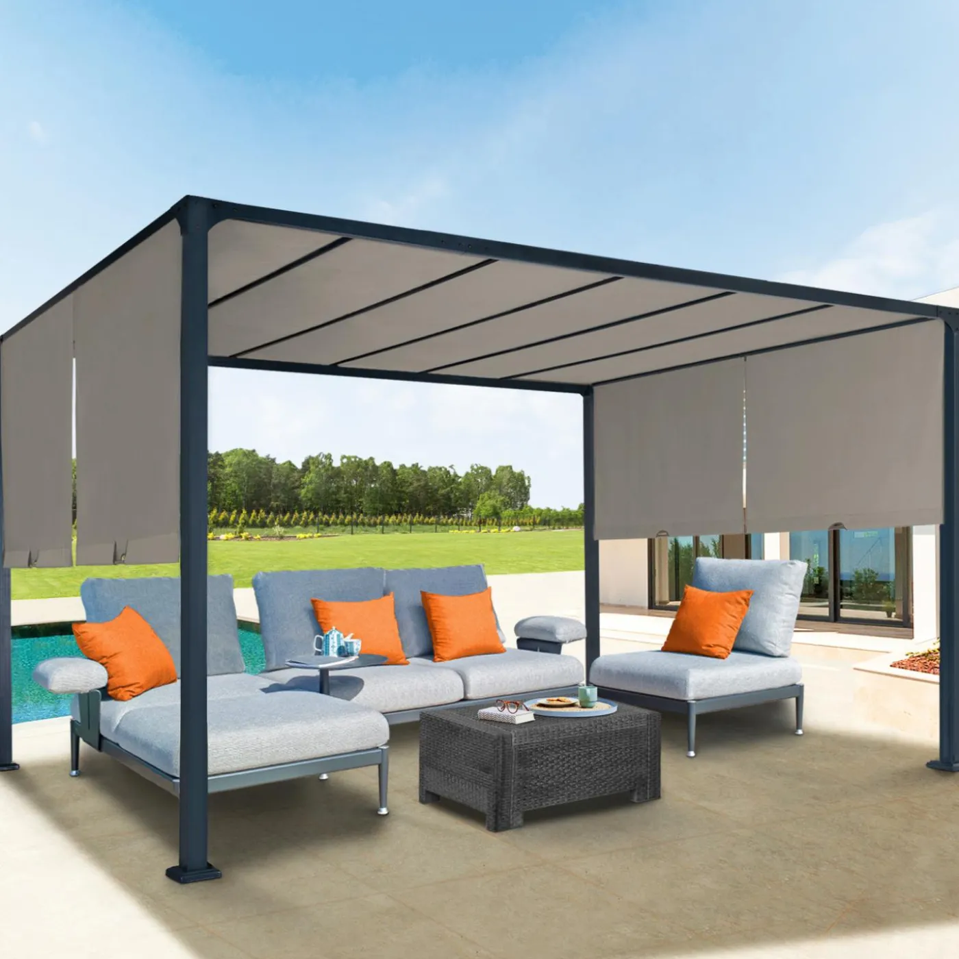 Pergola avec rideaux coulissants taupe 3x4m
