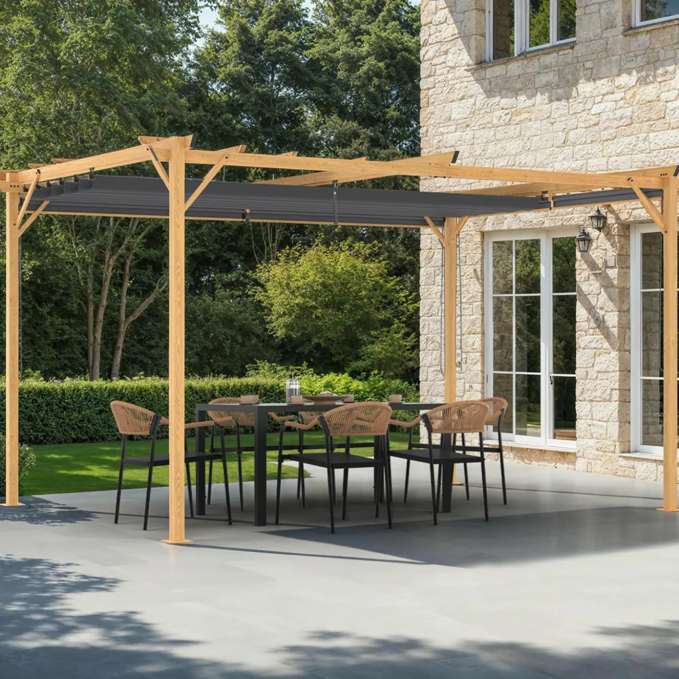 Pergola effet bois 3x4 M toit rétractable et 4 stores gris anthracite