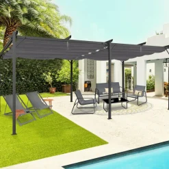 Pergola rétractable gris 6 pieds en acier 3x6 m et toile polyester