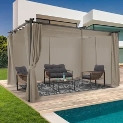 Pergola toit rétractable avec rideaux coloris taupe