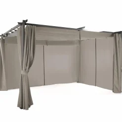 Pergola toit rétractable avec rideaux coloris taupe