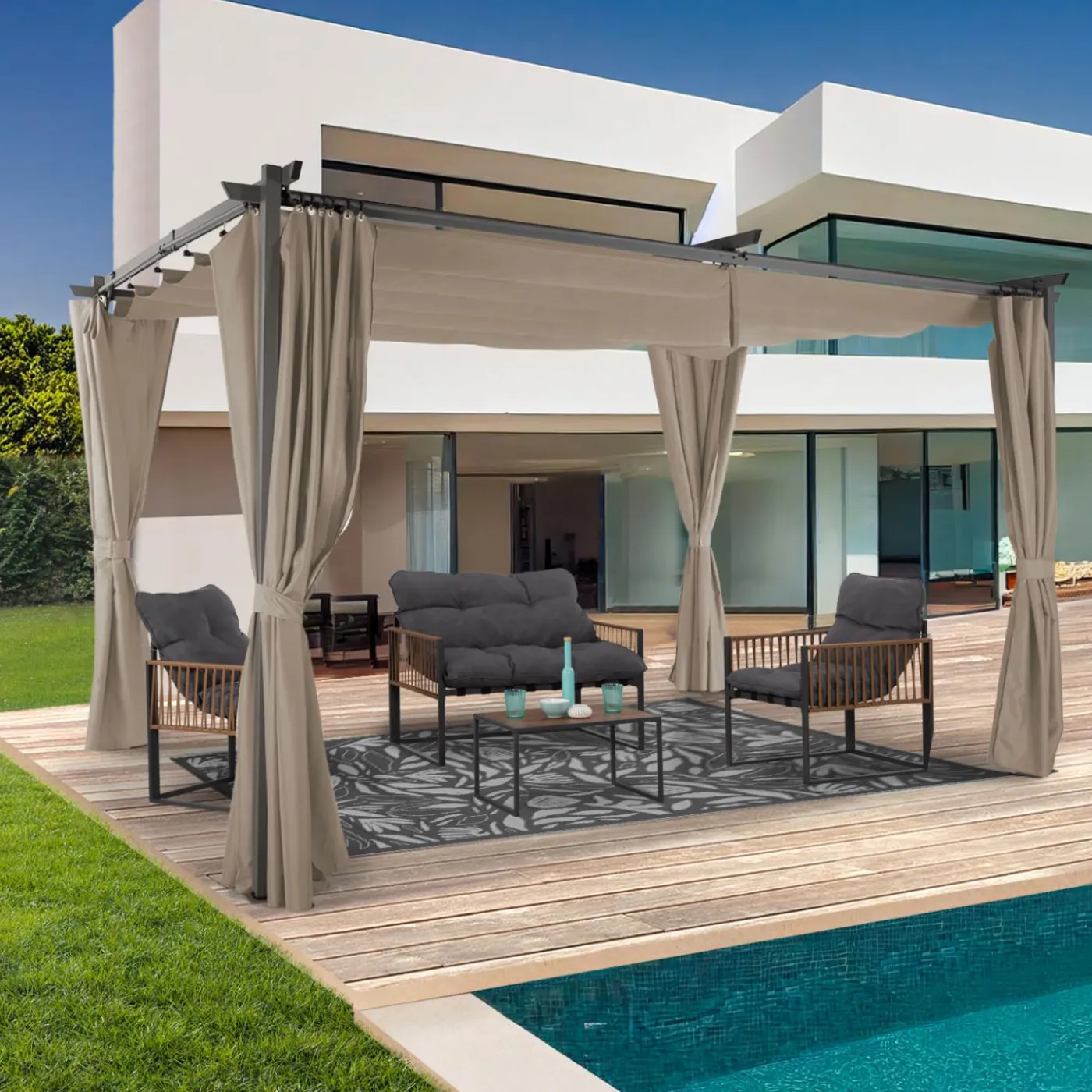 Pergola toit rétractable avec rideaux coloris taupe