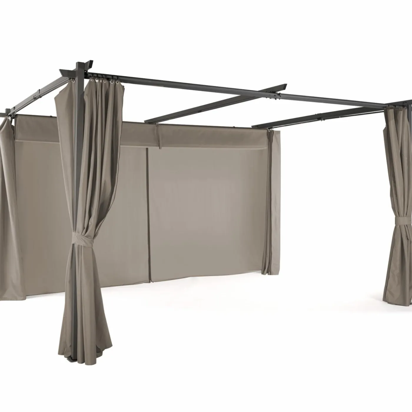 Pergola toit rétractable avec rideaux coloris taupe
