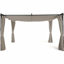 Pergola toit rétractable avec rideaux coloris taupe