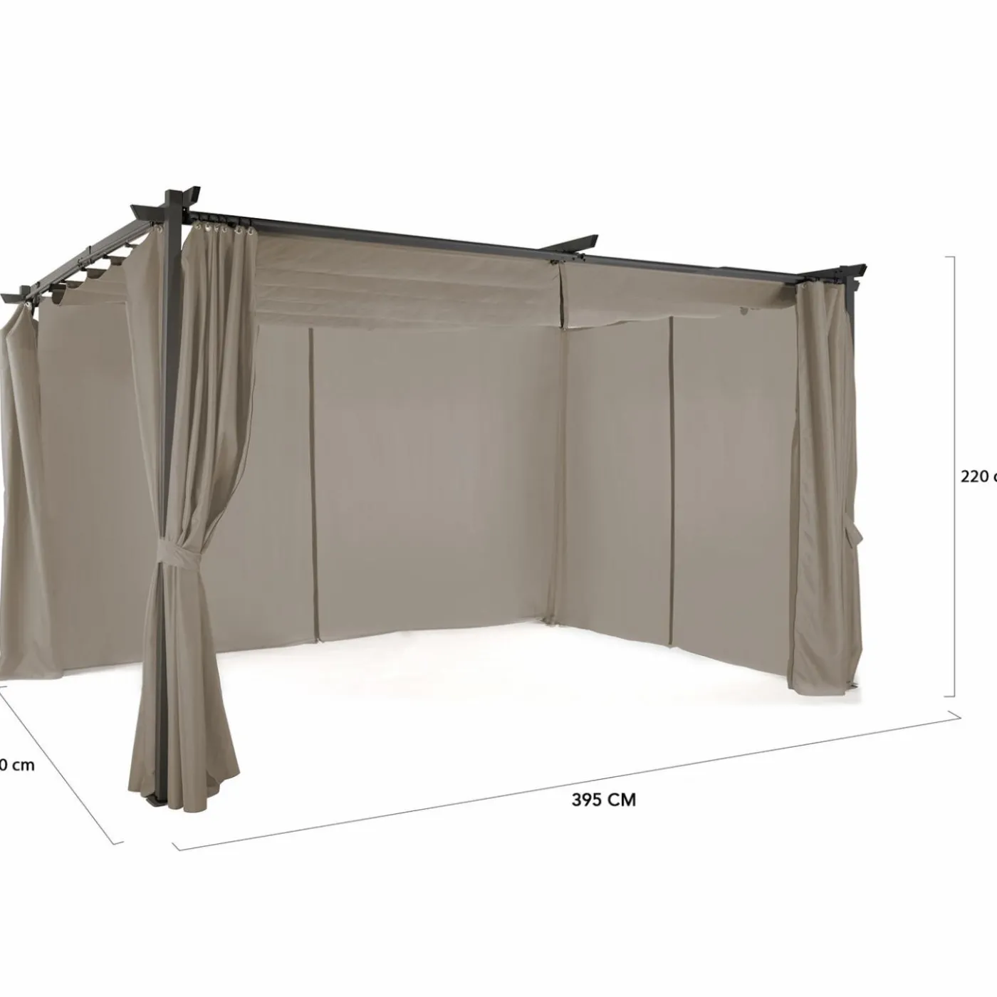 Pergola toit rétractable avec rideaux coloris taupe