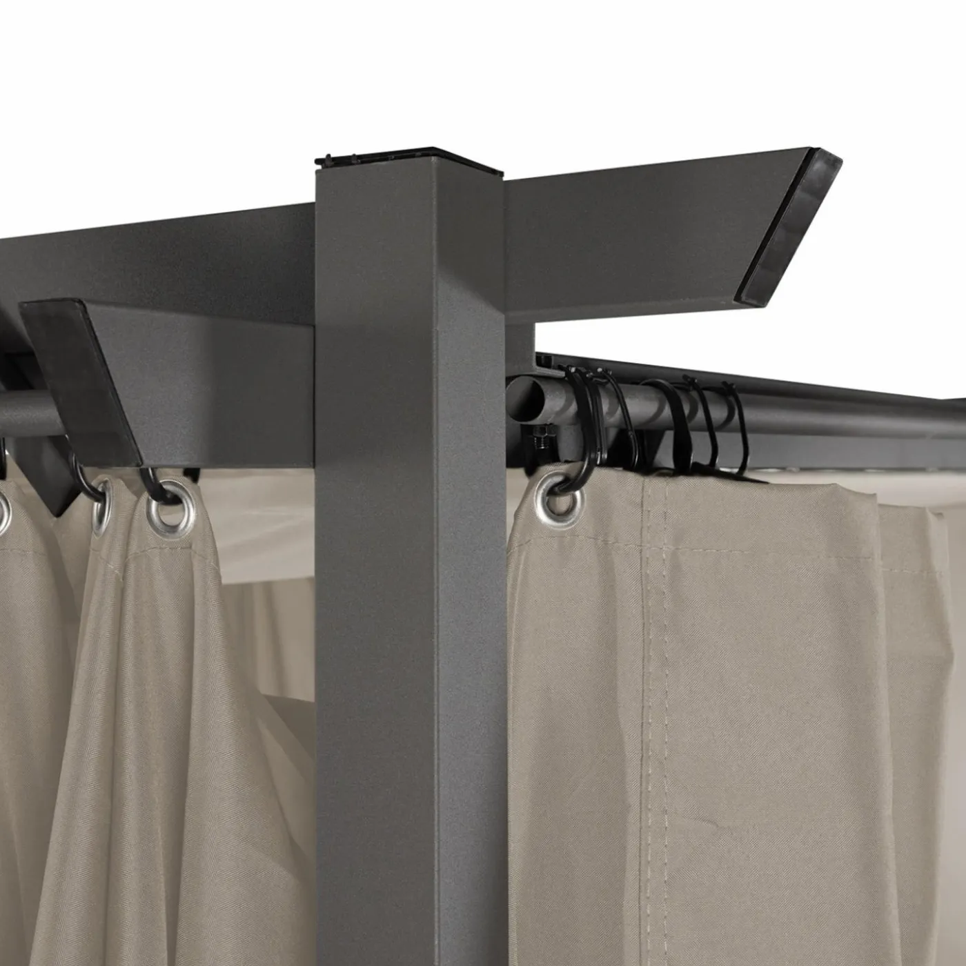 Pergola toit rétractable avec rideaux coloris taupe