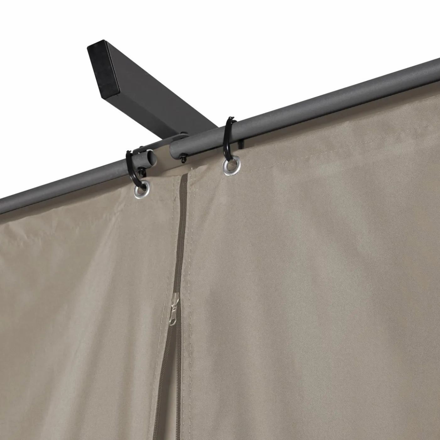 Pergola toit rétractable avec rideaux coloris taupe