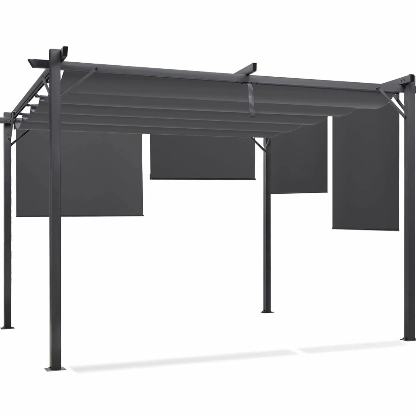 Pergola toit rétractable gris et stores enrouleurs