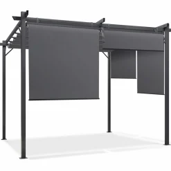 Pergola toit rétractable gris et stores enrouleurs