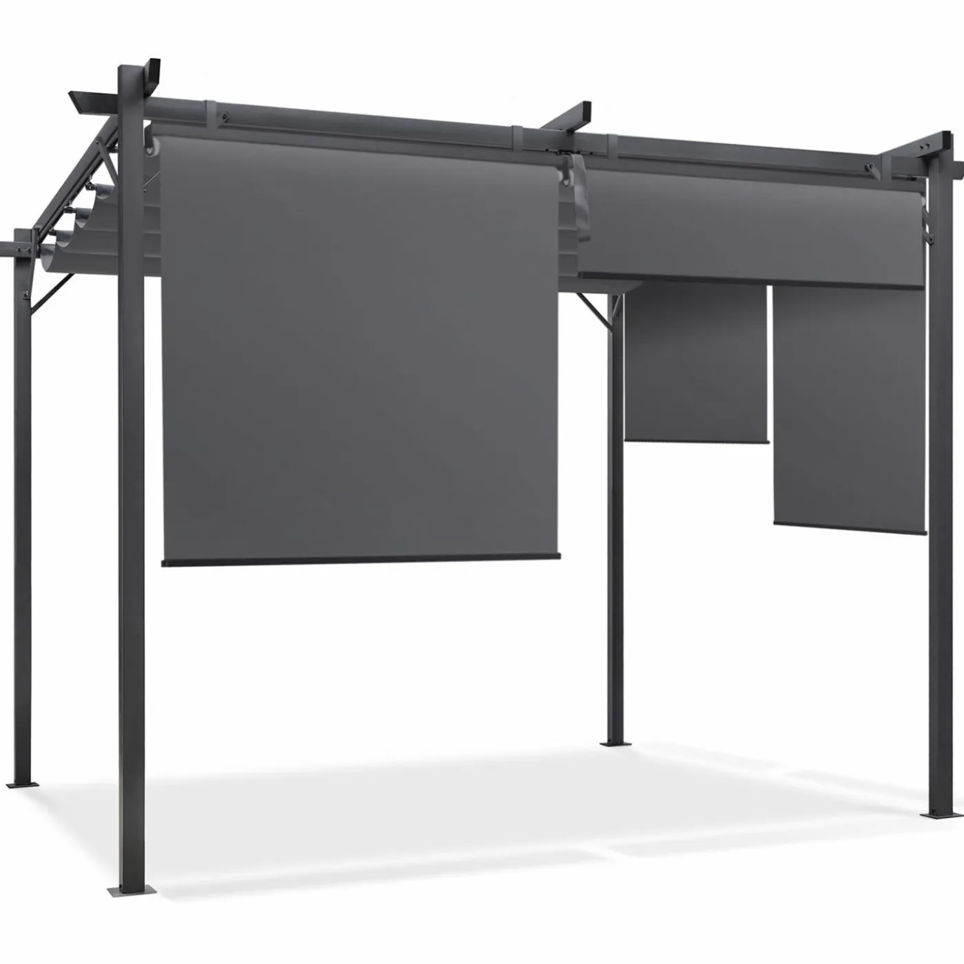 Pergola toit rétractable gris et stores enrouleurs