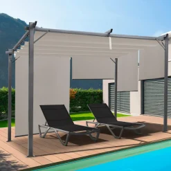 Pergola toit rétractable taupe et stores enrouleurs