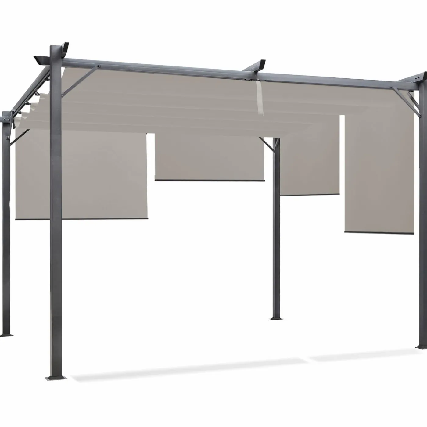 Pergola toit rétractable taupe et stores enrouleurs