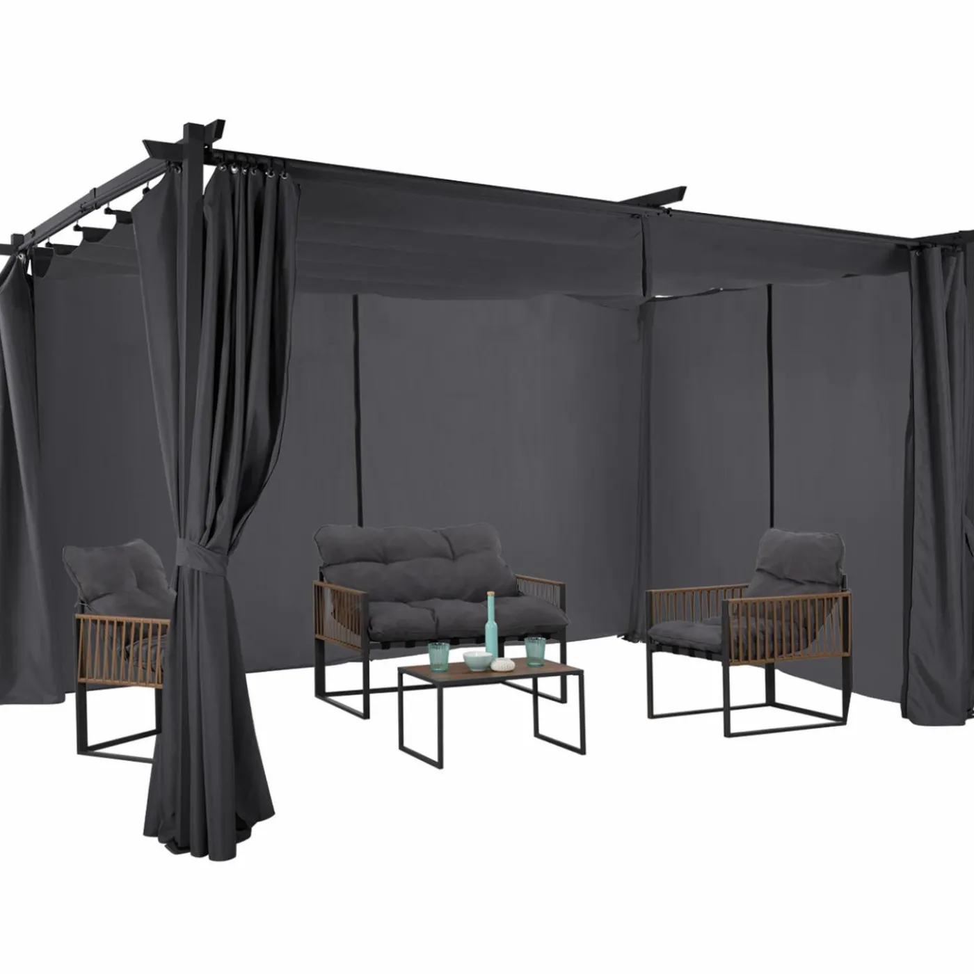 Pergola toit rétractable 3x4m gris avec 4 rideaux