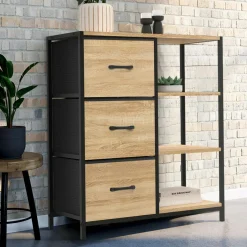 Petit buffet d’appoint industriel 3 tiroirs et étagères
