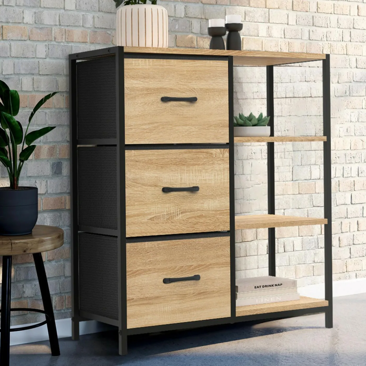 Petit buffet d’appoint industriel 3 tiroirs et étagères