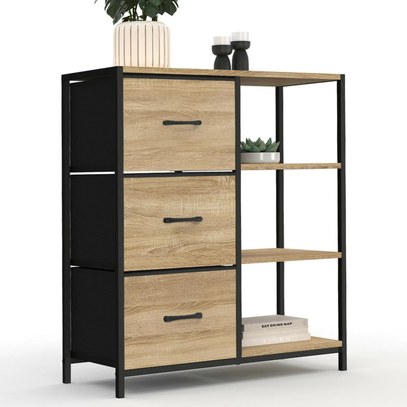 Petit buffet d’appoint industriel 3 tiroirs et étagères