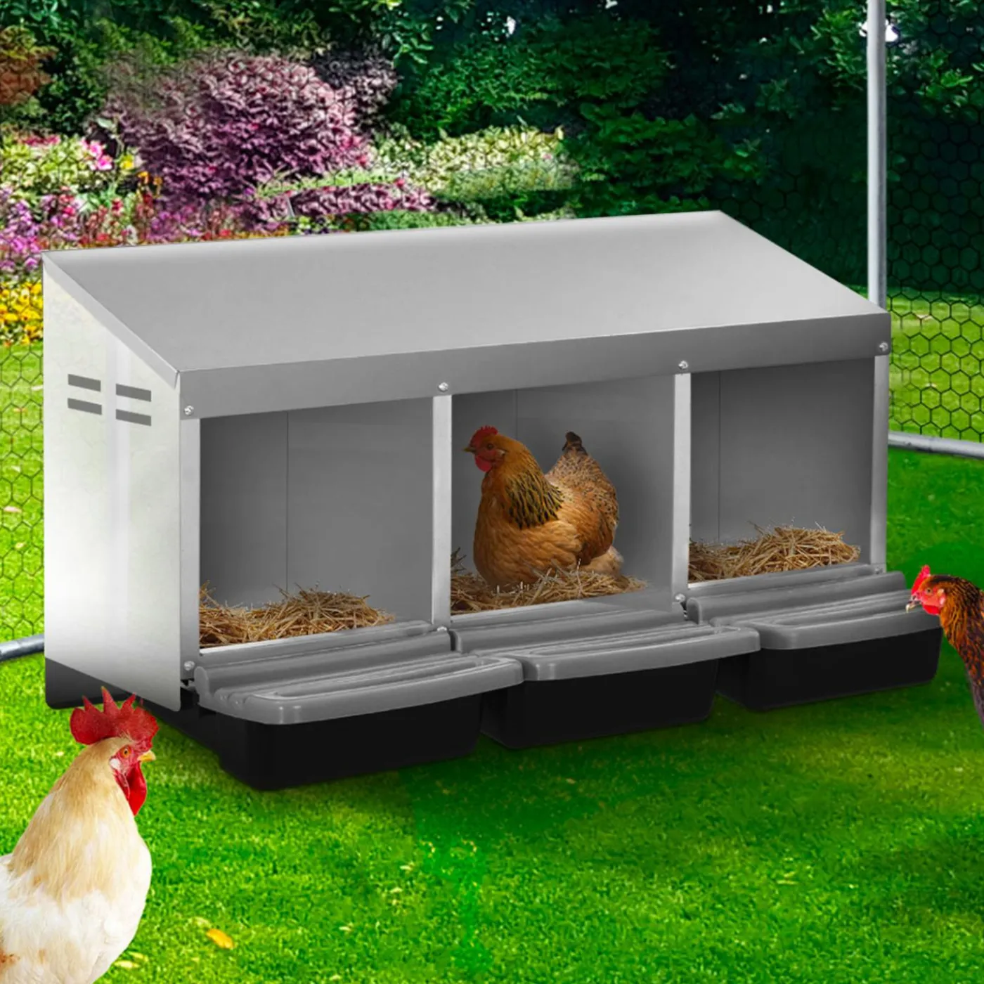 Pondoir pour poules 3 emplacements en métal nichoir avec fond