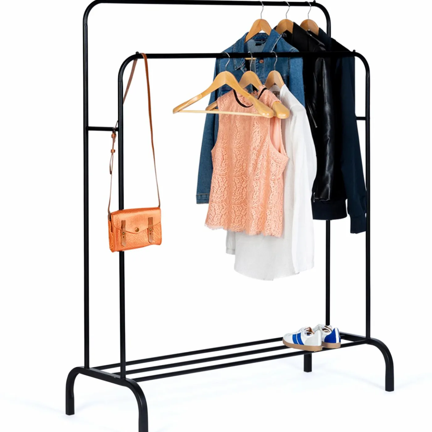 Portant vêtements double en métal noir avec étagère à chaussures