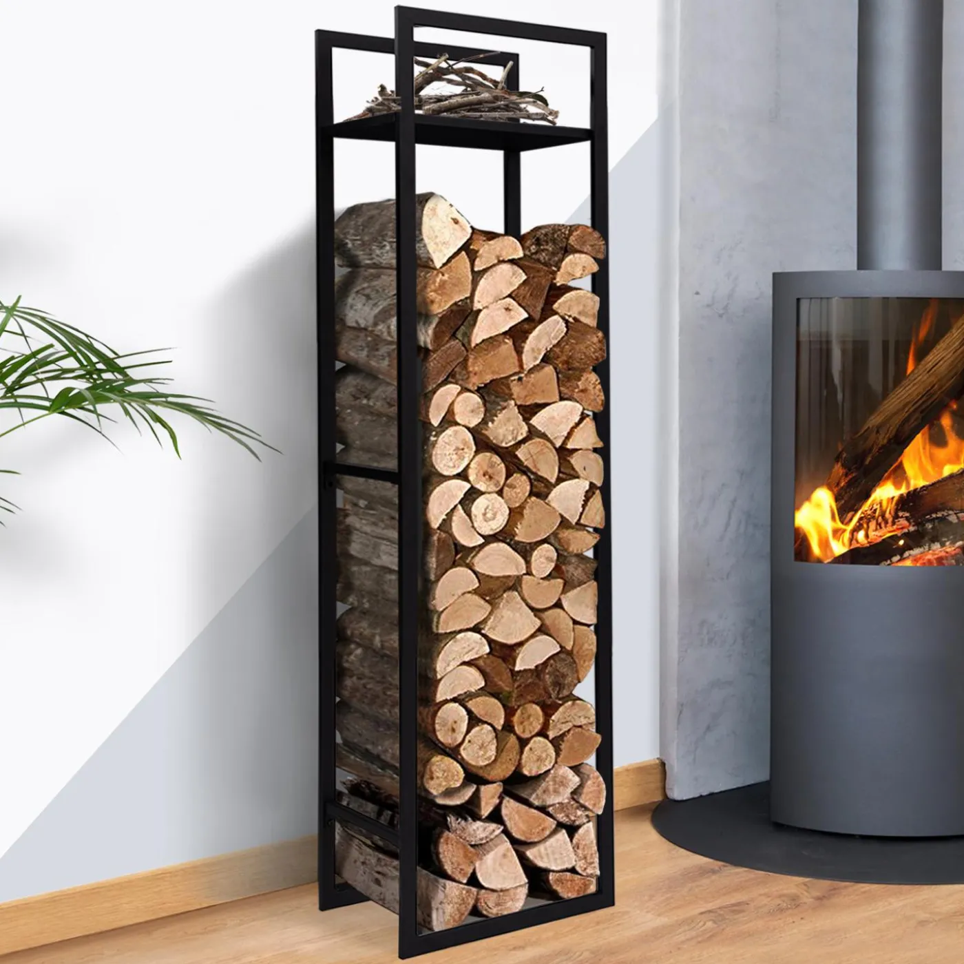 Porte bûches vertical intérieur 170 cm en métal noir