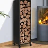 Porte-bûche intérieur 112 cm acier noir plein avec roulettes