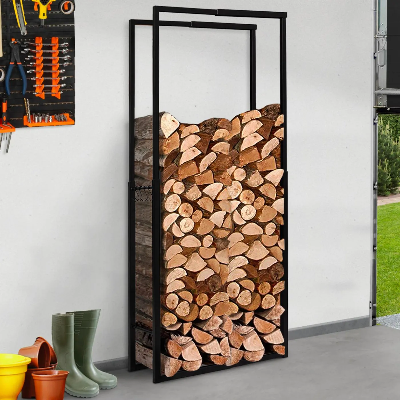 Porte-bûches intérieur modulable 65x25x150 cm en métal noir
