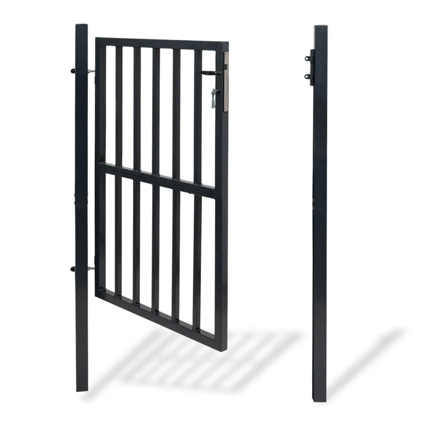 Portillon de jardin barreaudé en acier gris anthracite 105 x 125 CM avec serrure et poignée
