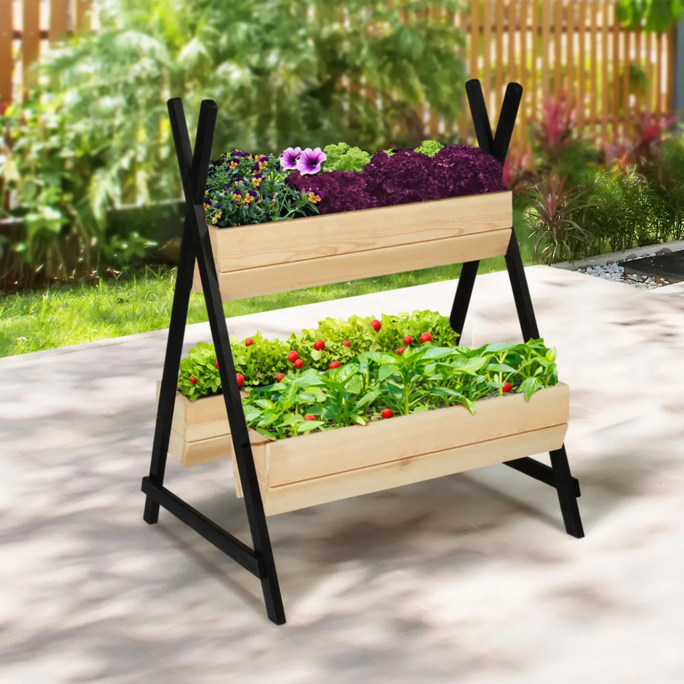 Potager 3 bacs bois finitions noires jardinière tipi