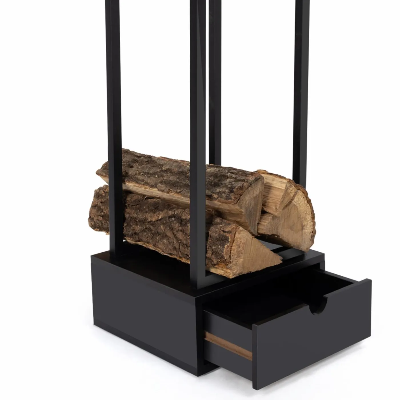 Range bûche intérieur vertical en acier noir avec tiroir