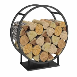 Range bûches rond avec étagère en acier noir