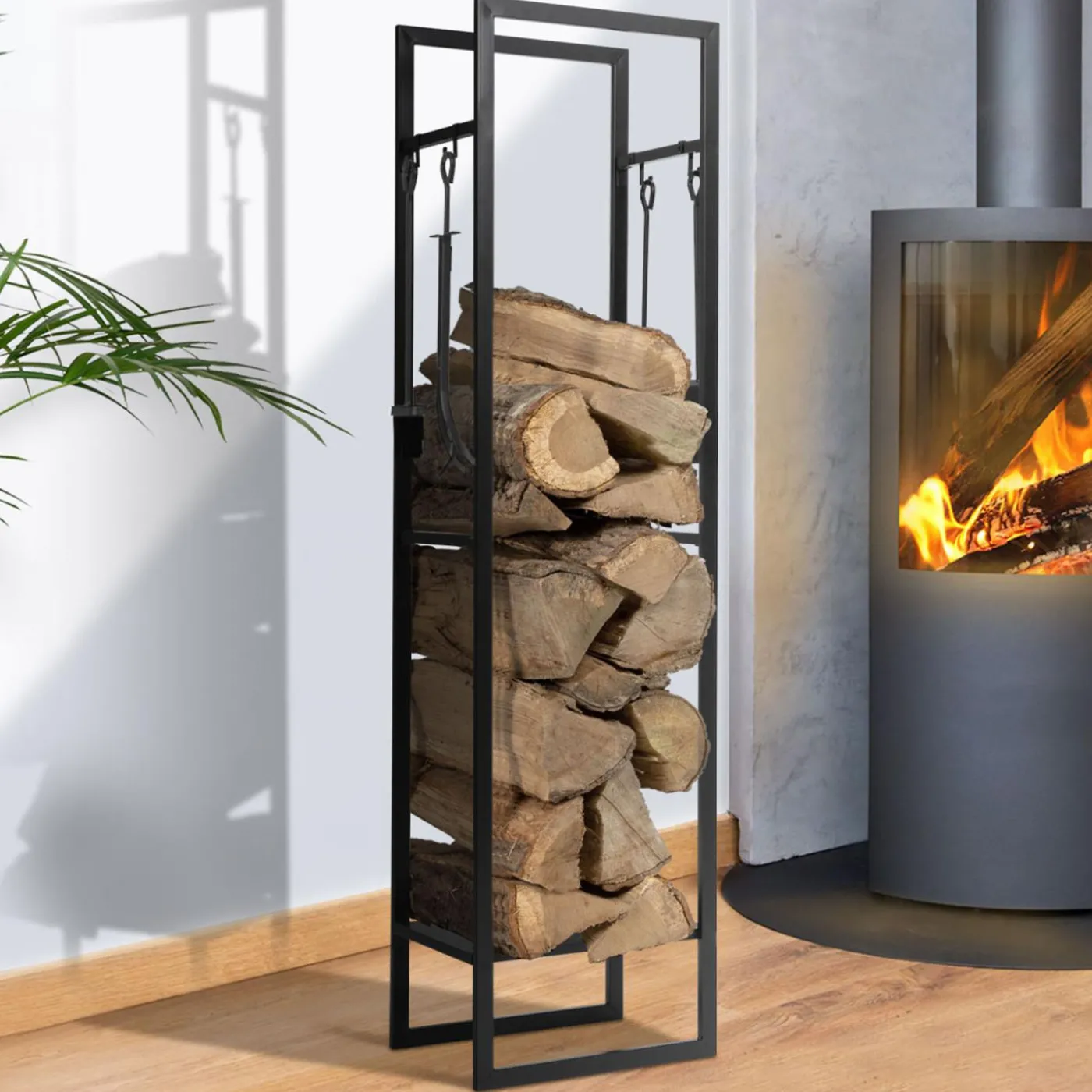 Range bûches vertical en acier noir et accessoires