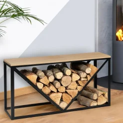 Range-bûches intérieur horizontal en métal noir et étagère bois