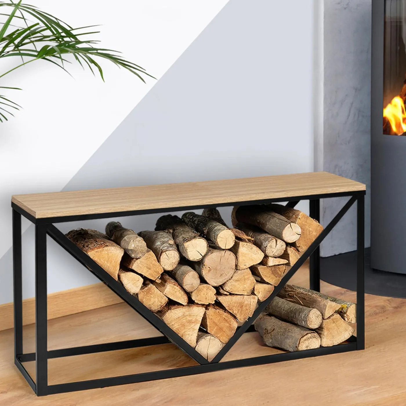 Range-bûches intérieur horizontal en métal noir et étagère bois