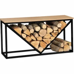 Range-bûches intérieur horizontal en métal noir et étagère bois