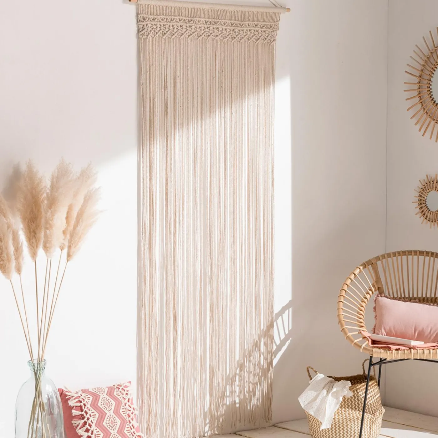 Rideau bohème beige en macramé