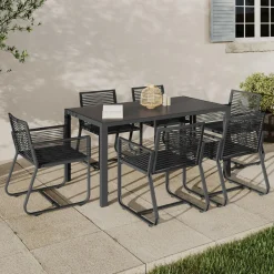 Salon de jardin 6 personnes table 150 cm fauteuils cordage gris anthracite