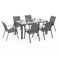 Salon de jardin 6 personnes chaises empilables gris anthracite table 150 cm