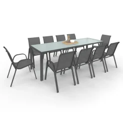 Salon de jardin 10 personnes table 240 cm plateau clair et chaises empilables gris anthracite