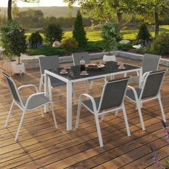Salon de jardin 6 places avec table en verre trempé et chaises empilables