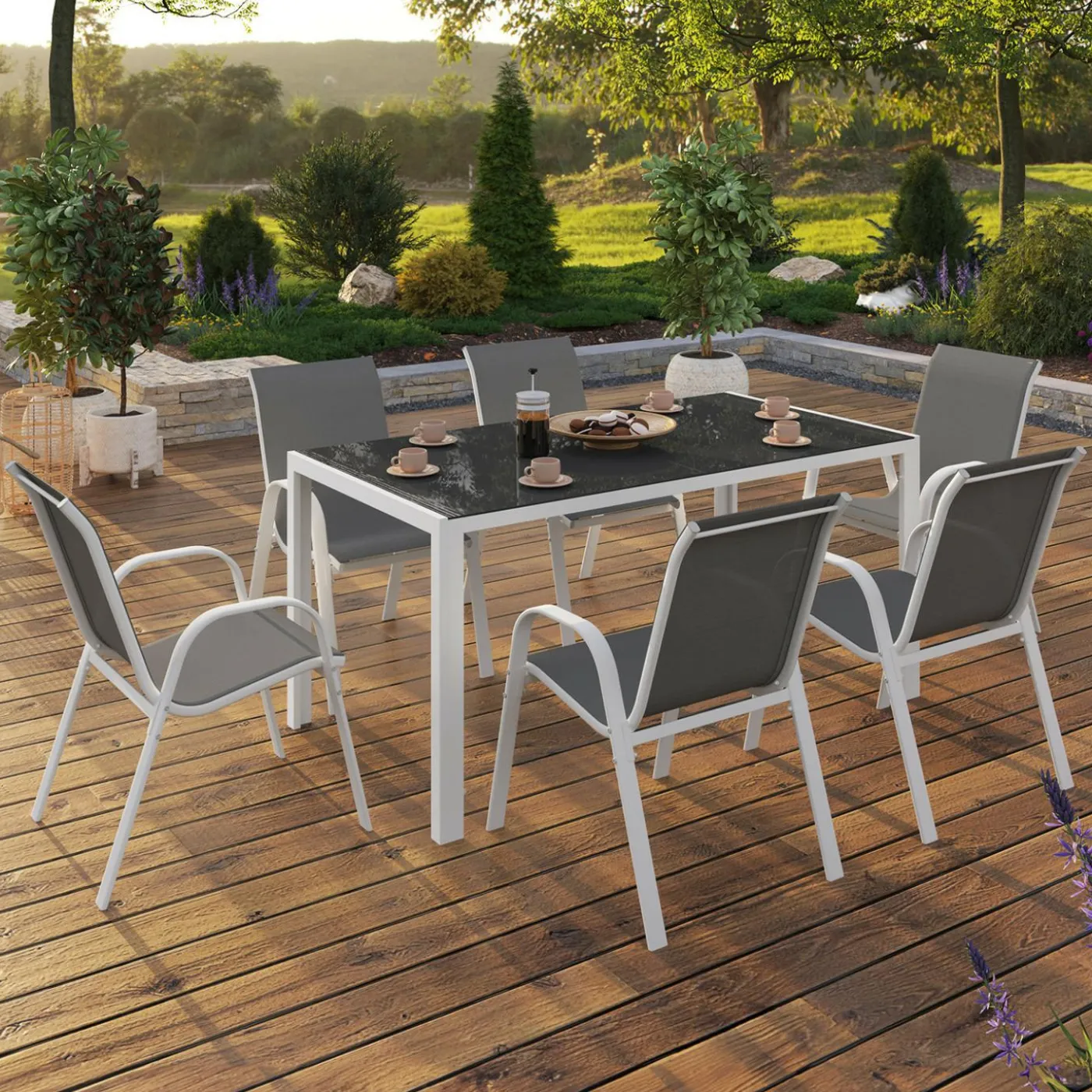 Salon de jardin 6 places avec table en verre trempé et chaises empilables