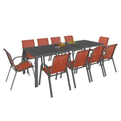 Salon de jardin 10 places chaises empilables terracotta table 240 cm