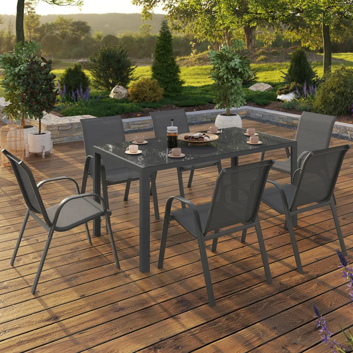 Salon de jardin avec 6 chaises empilables