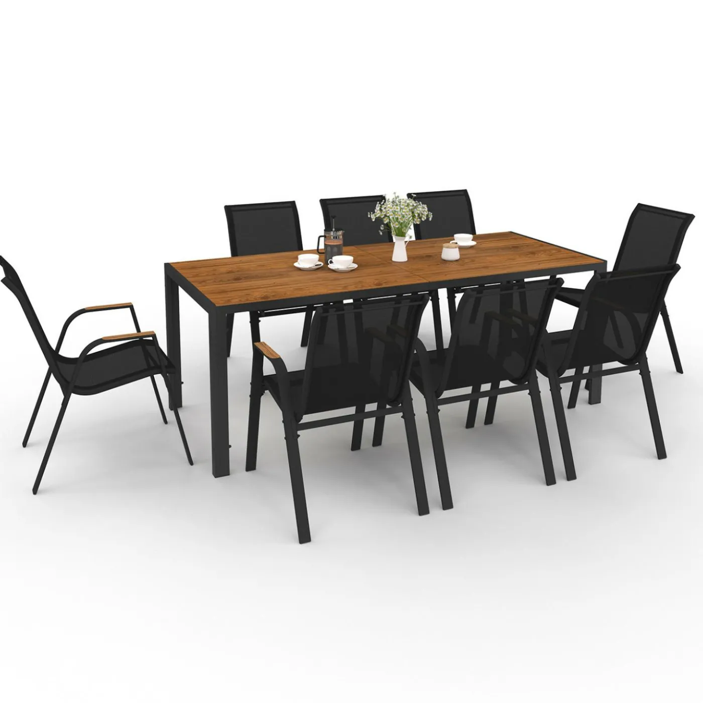 Salon de jardin avec plateau effet bois et chaises empilables noir et bois