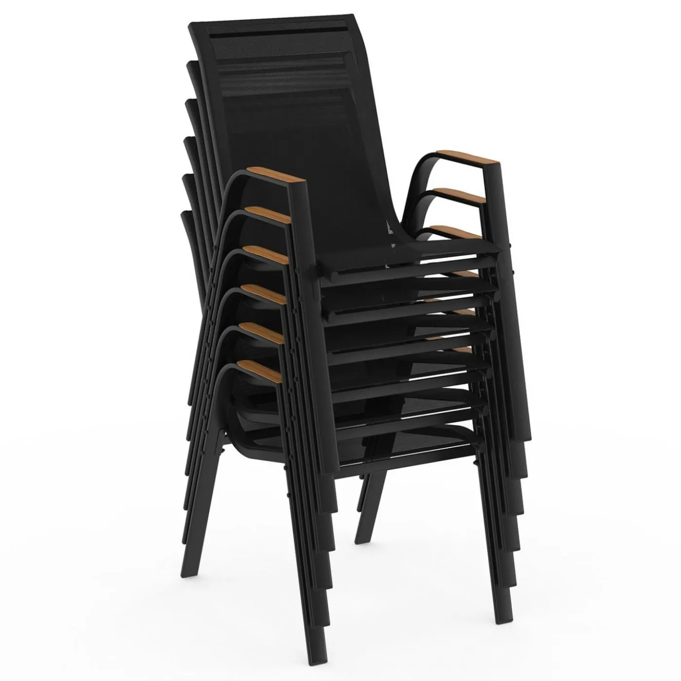 Salon de jardin avec plateau effet bois et chaises empilables noir et bois