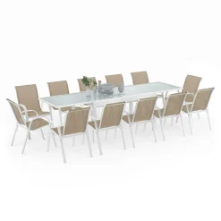 Salon de jardin avec table extensible 135-270 cm et 12 chaises empilables blanc et beige