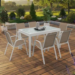 Salon de jardin avec table extensible 135-270 cm et 12 chaises empilables blanc et beige