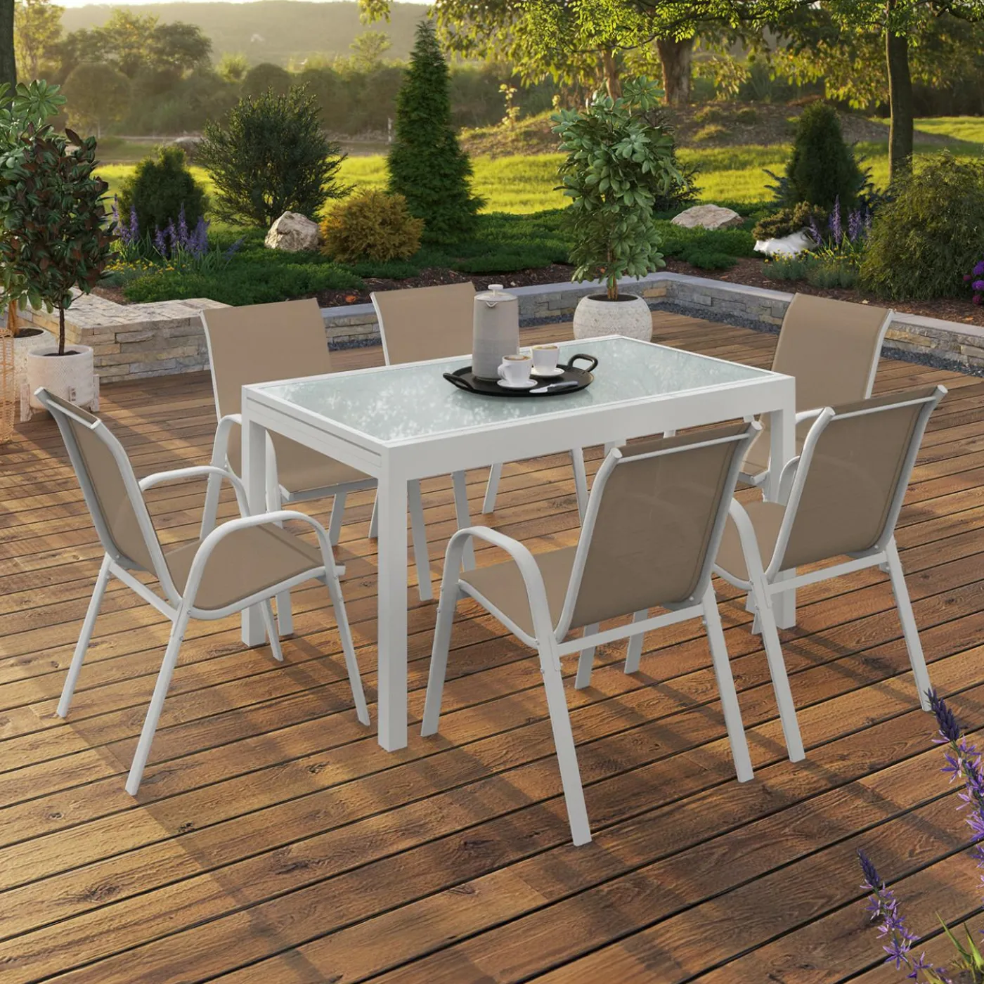 Salon de jardin avec table extensible 135-270 cm et 12 chaises empilables blanc et beige