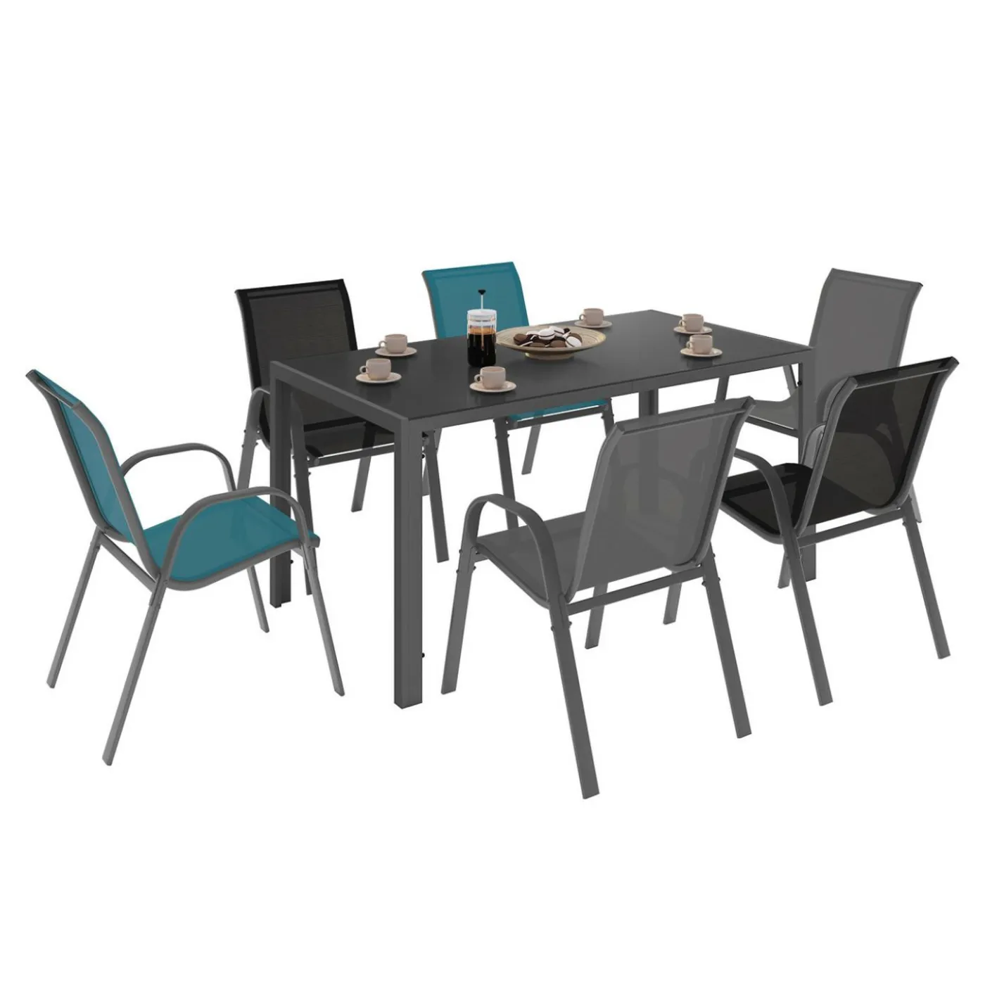 Salon de jardin avec table 150 cm et 6 chaises empilables mix color et acier