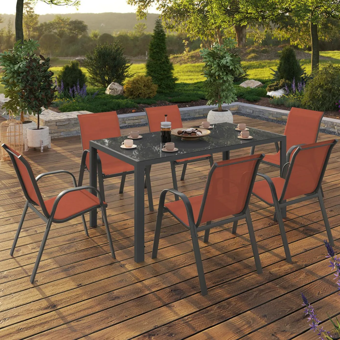 Salon de jardin avec table 150 cm et 6 chaises empilables terracotta et acier